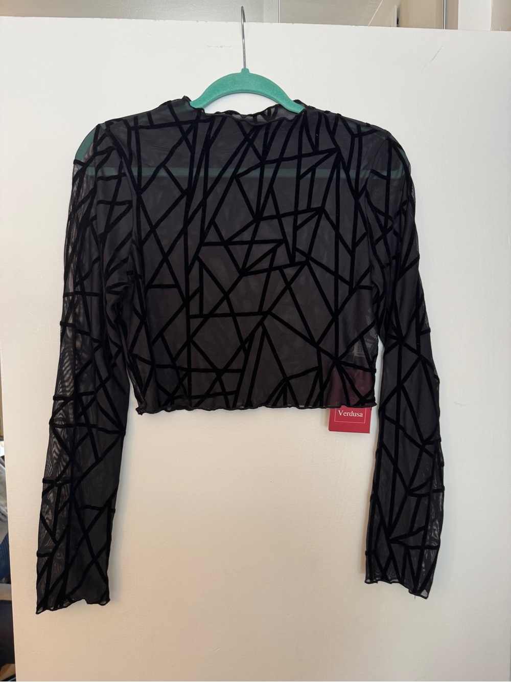 Black Geometric Mesh Long-Sleeve Crop Top by Verdusa